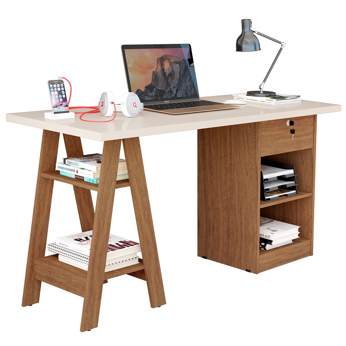 07 mesa escrivaninha em mdp 1 gaveta 4 prateleiras 1 35 cm boreal