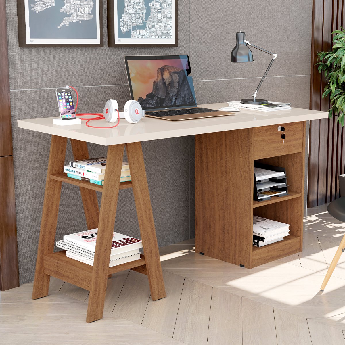 08 mesa escrivaninha em mdp 1 gaveta 4 prateleiras 1 35 cm boreal