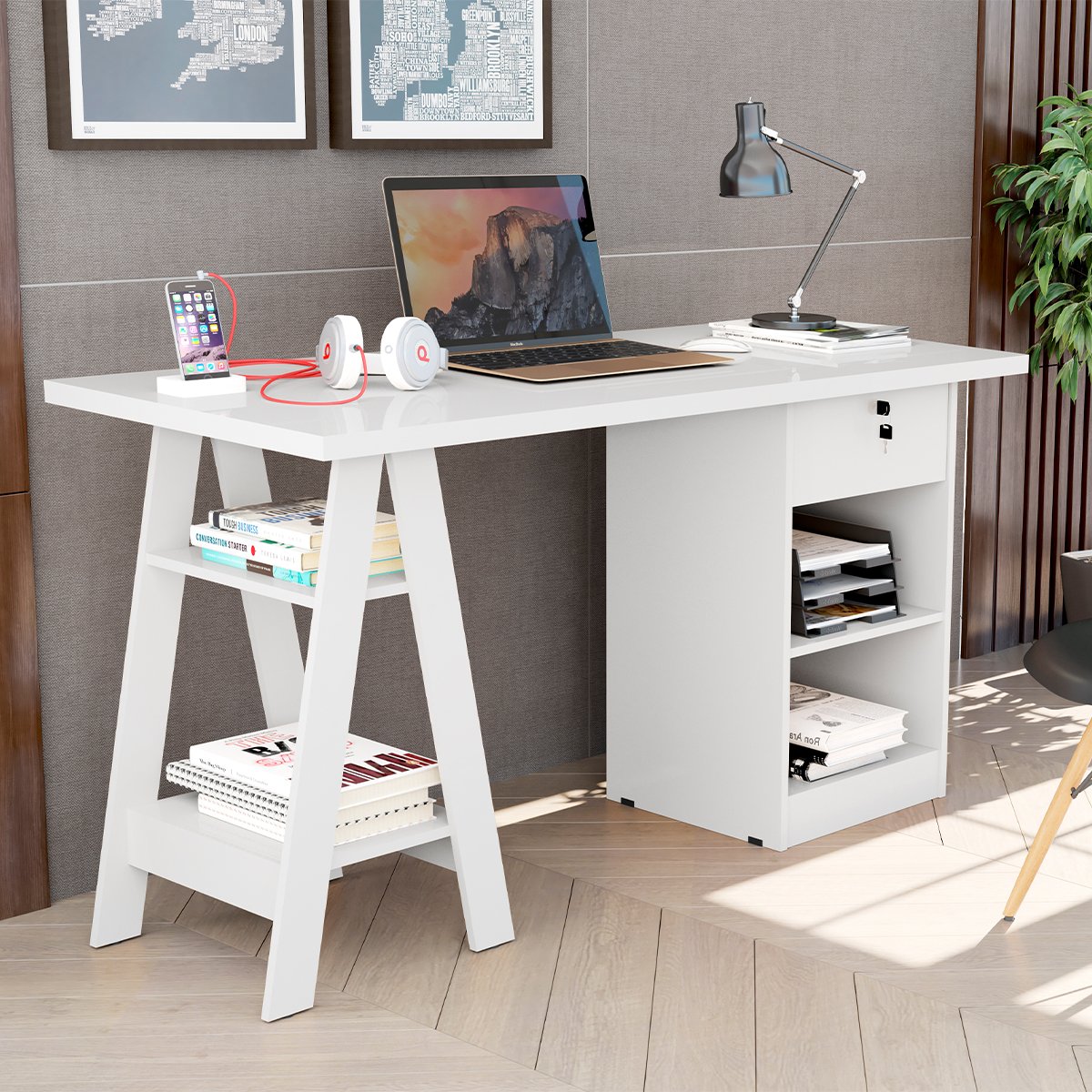 11 mesa escrivaninha em mdp 1 gaveta 4 prateleiras 1 35 cm boreal