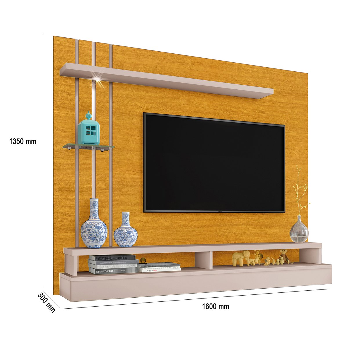 01 painel suspenso para tv de ate 55 com prateleiras e nichos eden