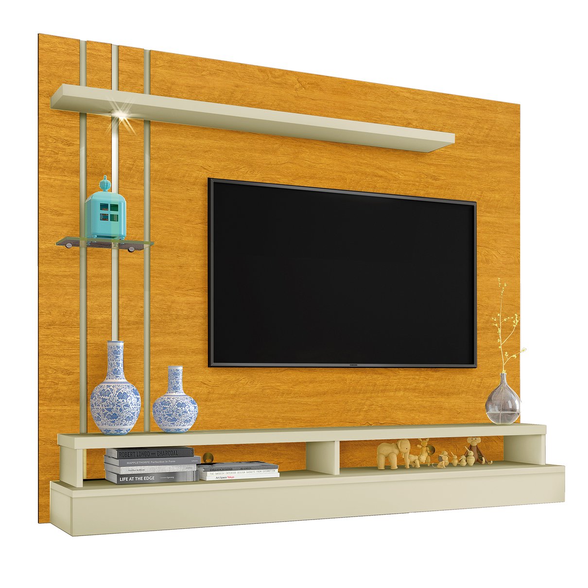 02 painel suspenso para tv de ate 55 com prateleiras e nichos eden