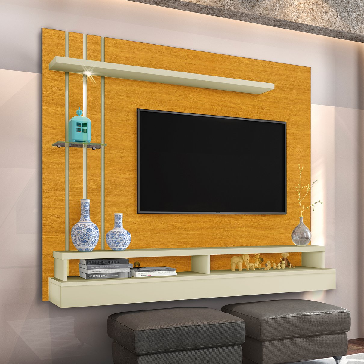 03 painel suspenso para tv de ate 55 com prateleiras e nichos eden