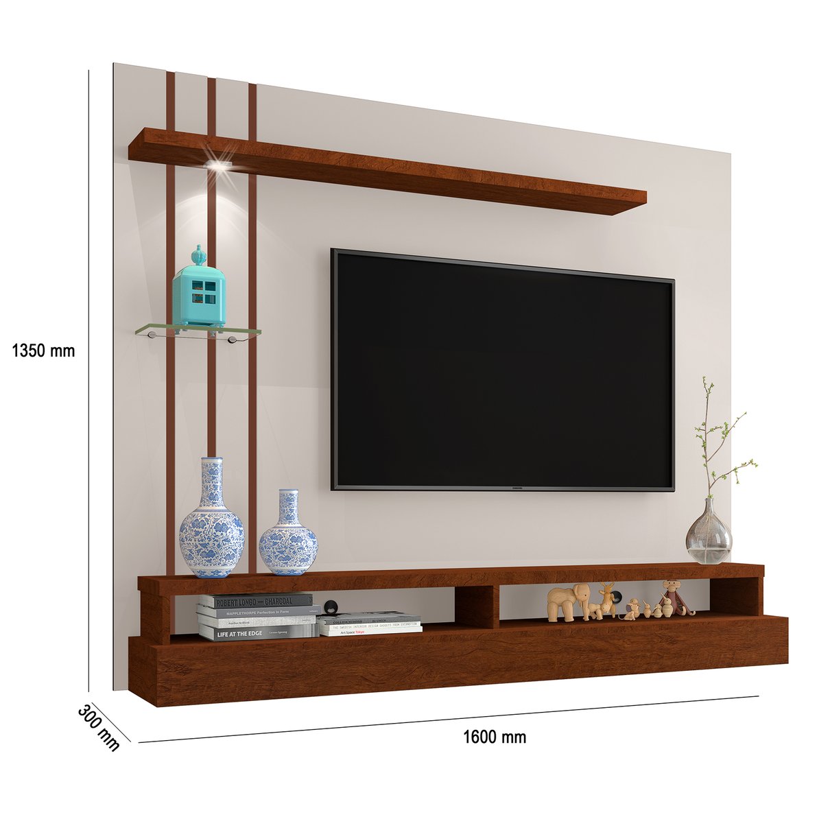 04 painel suspenso para tv de ate 55 com prateleiras e nichos eden