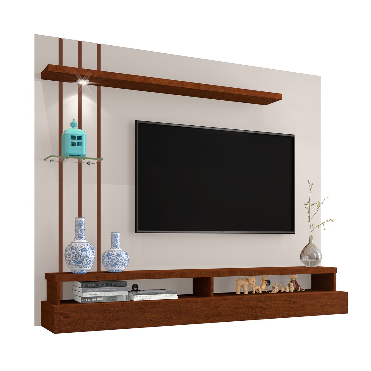 05 painel suspenso para tv de ate 55 com prateleiras e nichos eden