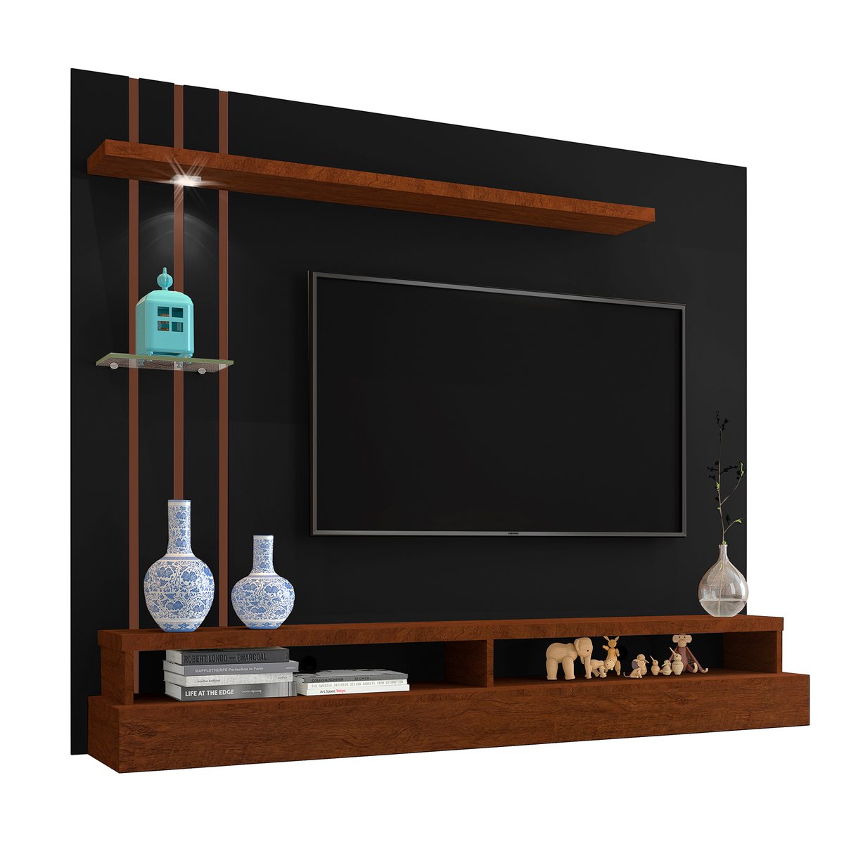 08 painel suspenso para tv de ate 55 com prateleiras e nichos eden