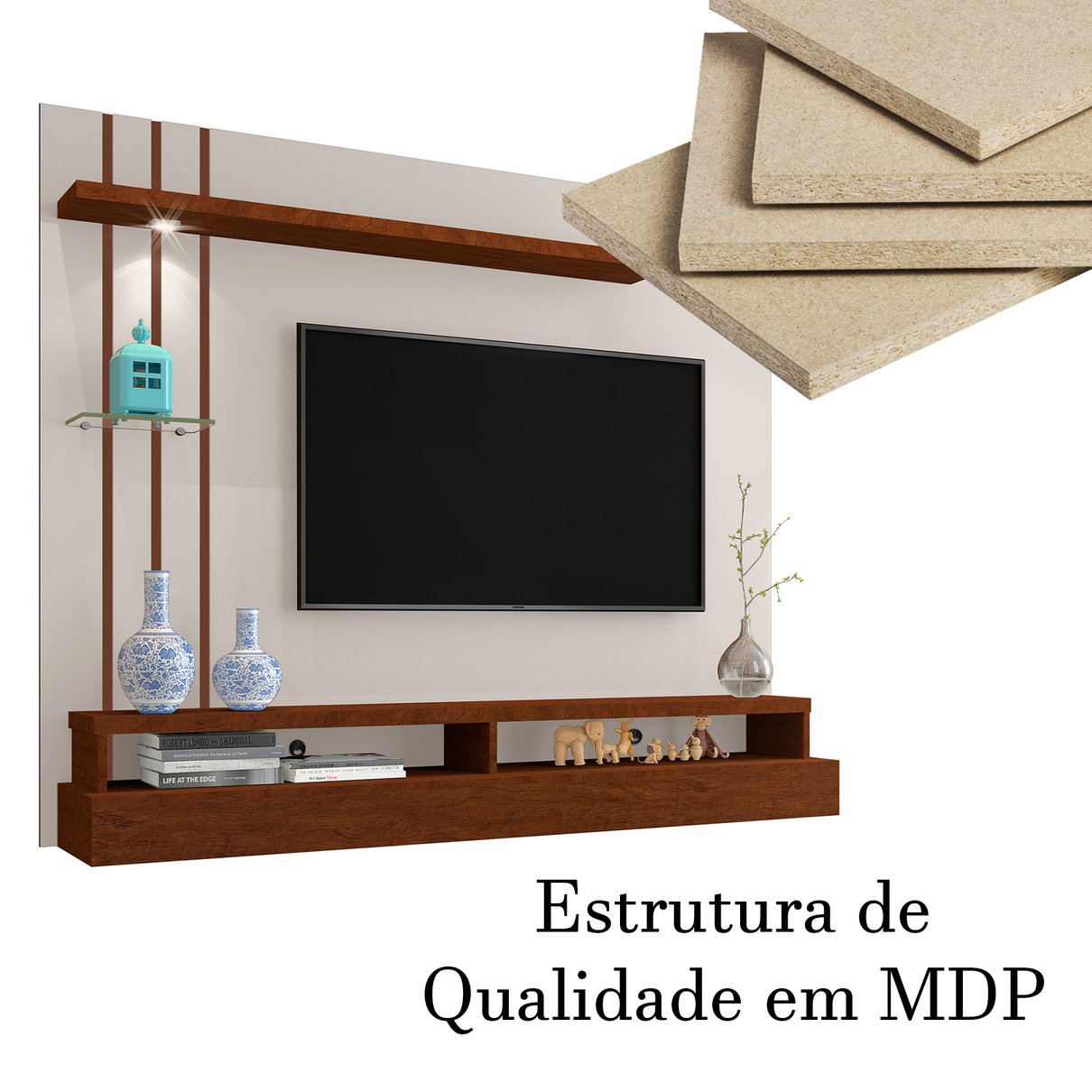 11 painel suspenso para tv de ate 55 com prateleiras e nichos eden