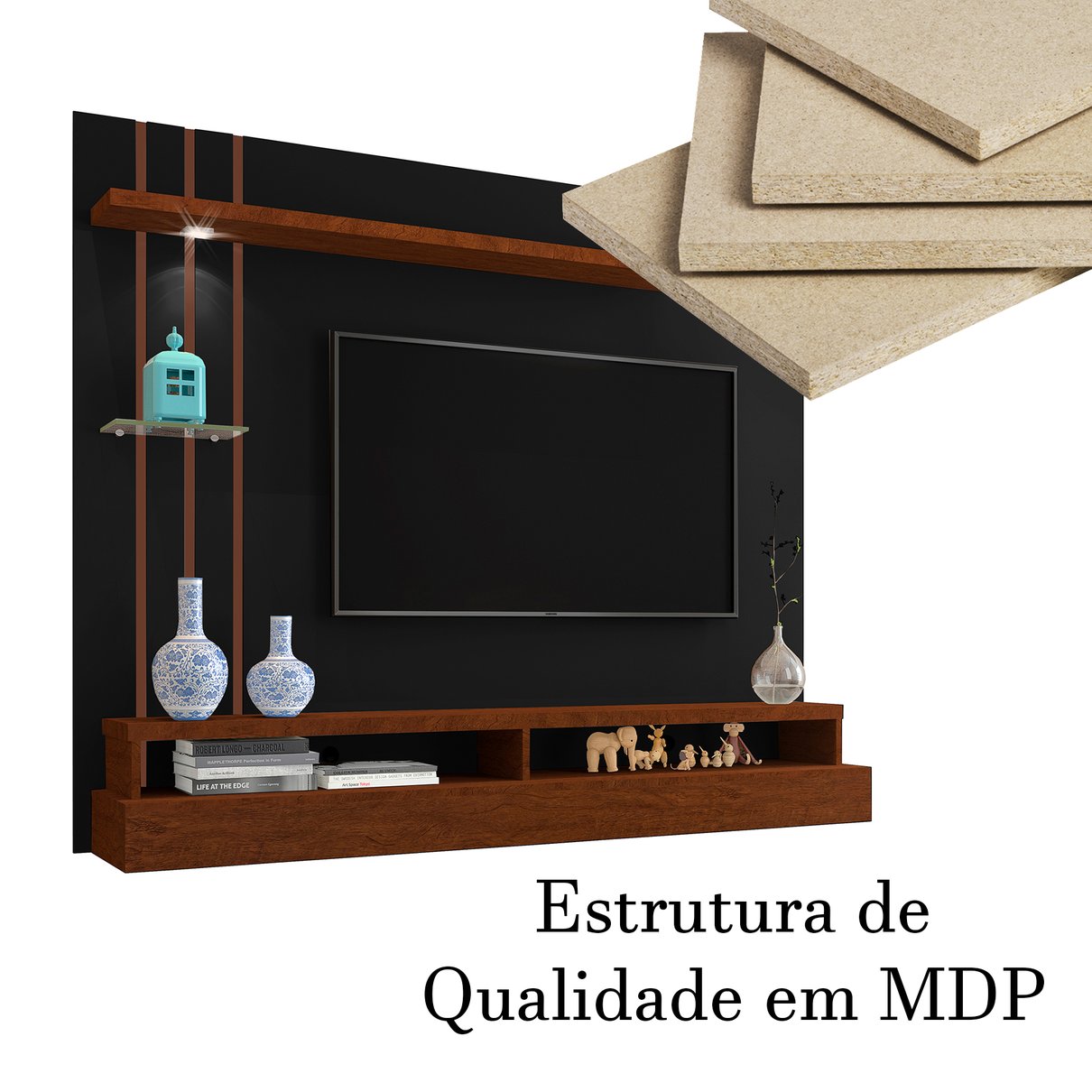 12 painel suspenso para tv de ate 55 com prateleiras e nichos eden