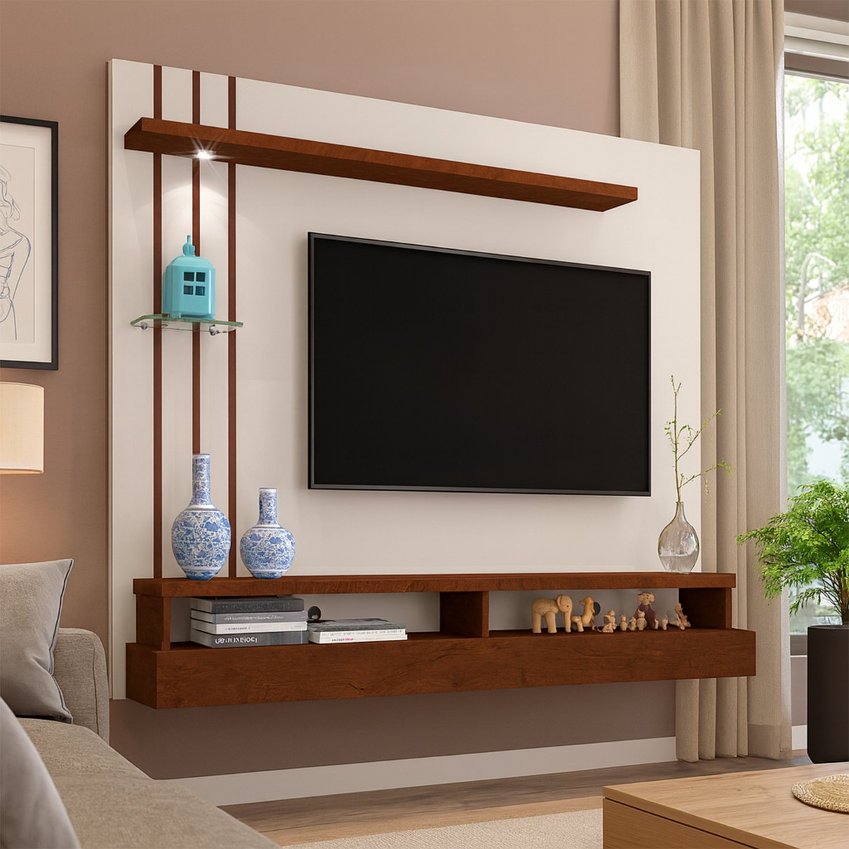 14 painel suspenso para tv de ate 55 com prateleiras e nichos eden