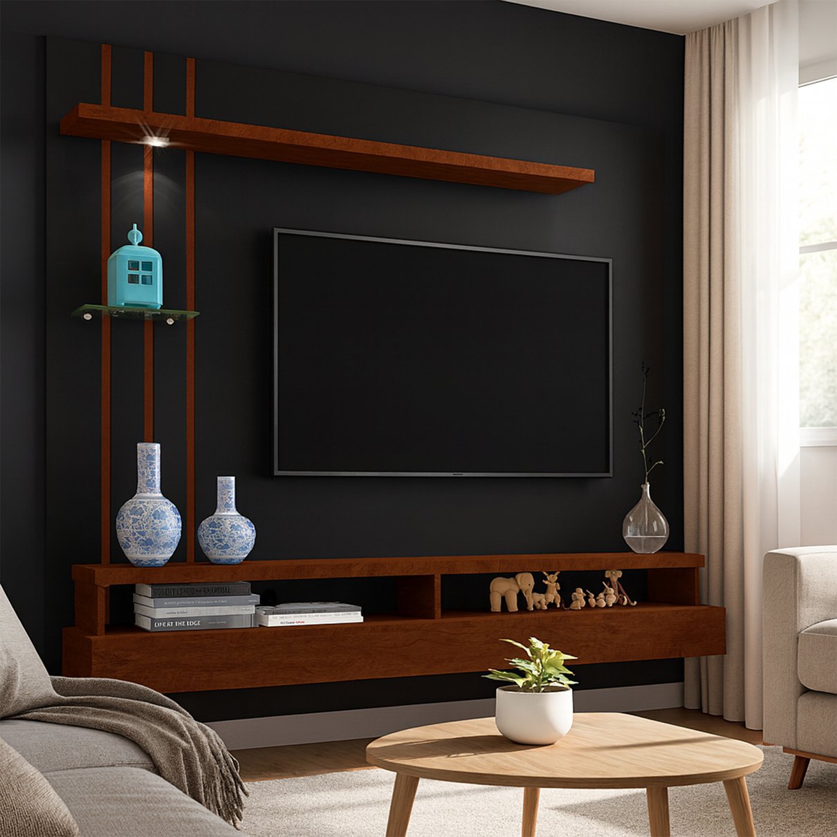 15 painel suspenso para tv de ate 55 com prateleiras e nichos eden