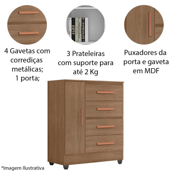 りふぉ Cômoda Sapateira para Quarto 1 Porta 4 Gavetas Lisa - Carvalho Oak