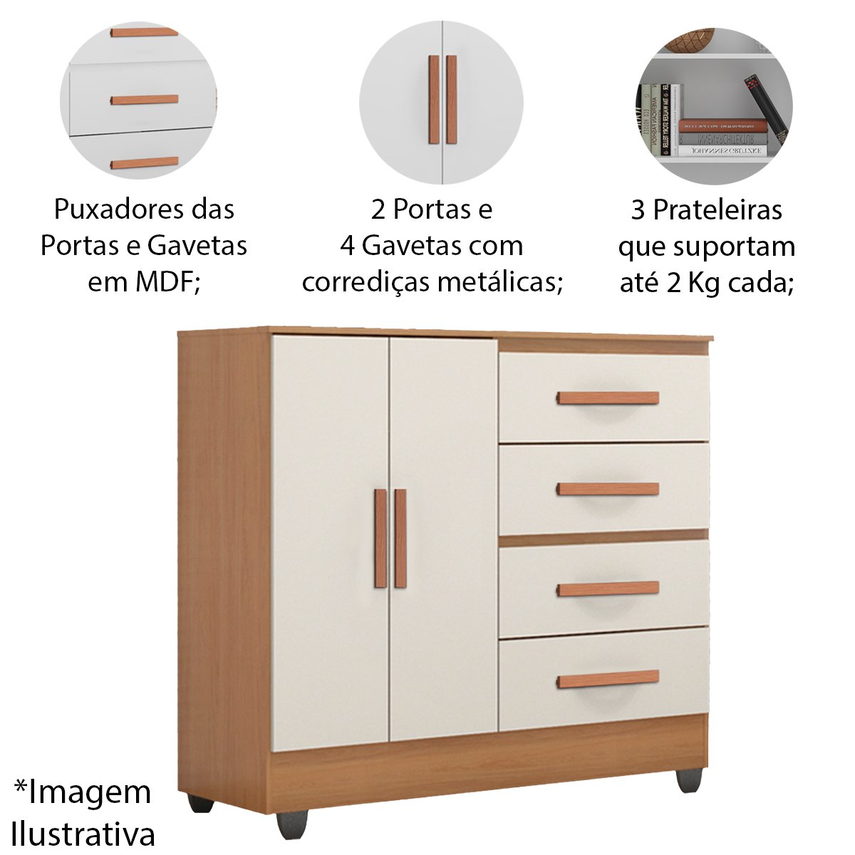 07 comoda sapateira para quarto 2 portas 4 gavetas lisa