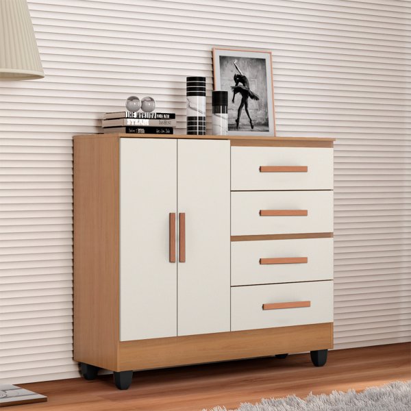 Cômoda Sapateira para Quarto 2 Portas 4 Gavetas Lisa - Nature/Off