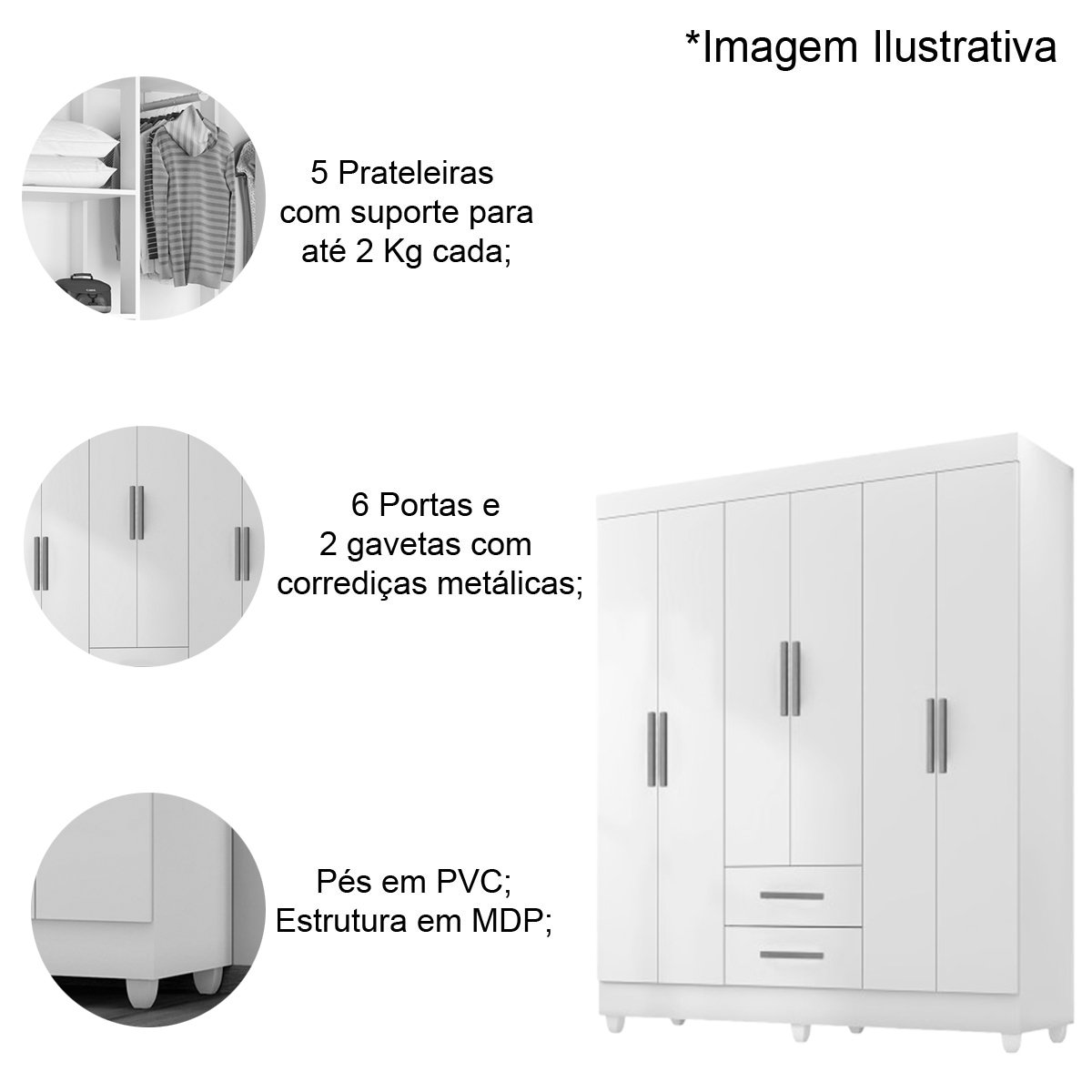 08 kit guarda roupa casal 6 portas com comoda 2 portas 4 gavetas lisa
