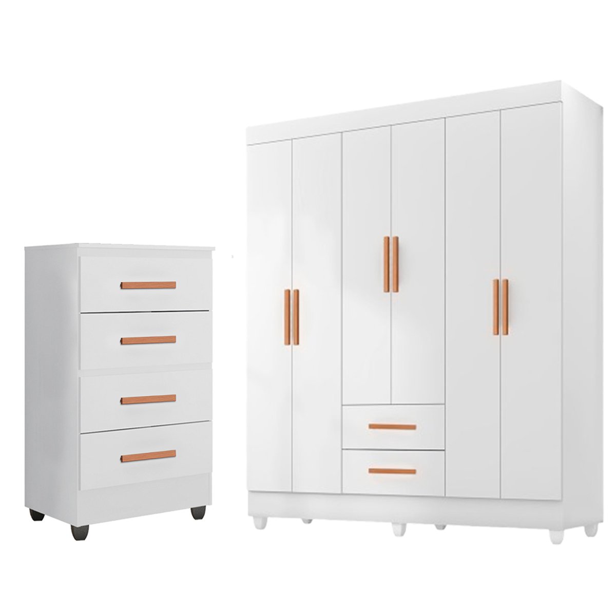 01 kit guarda roupa casal 6 portas com comoda 4 gavetas lisa