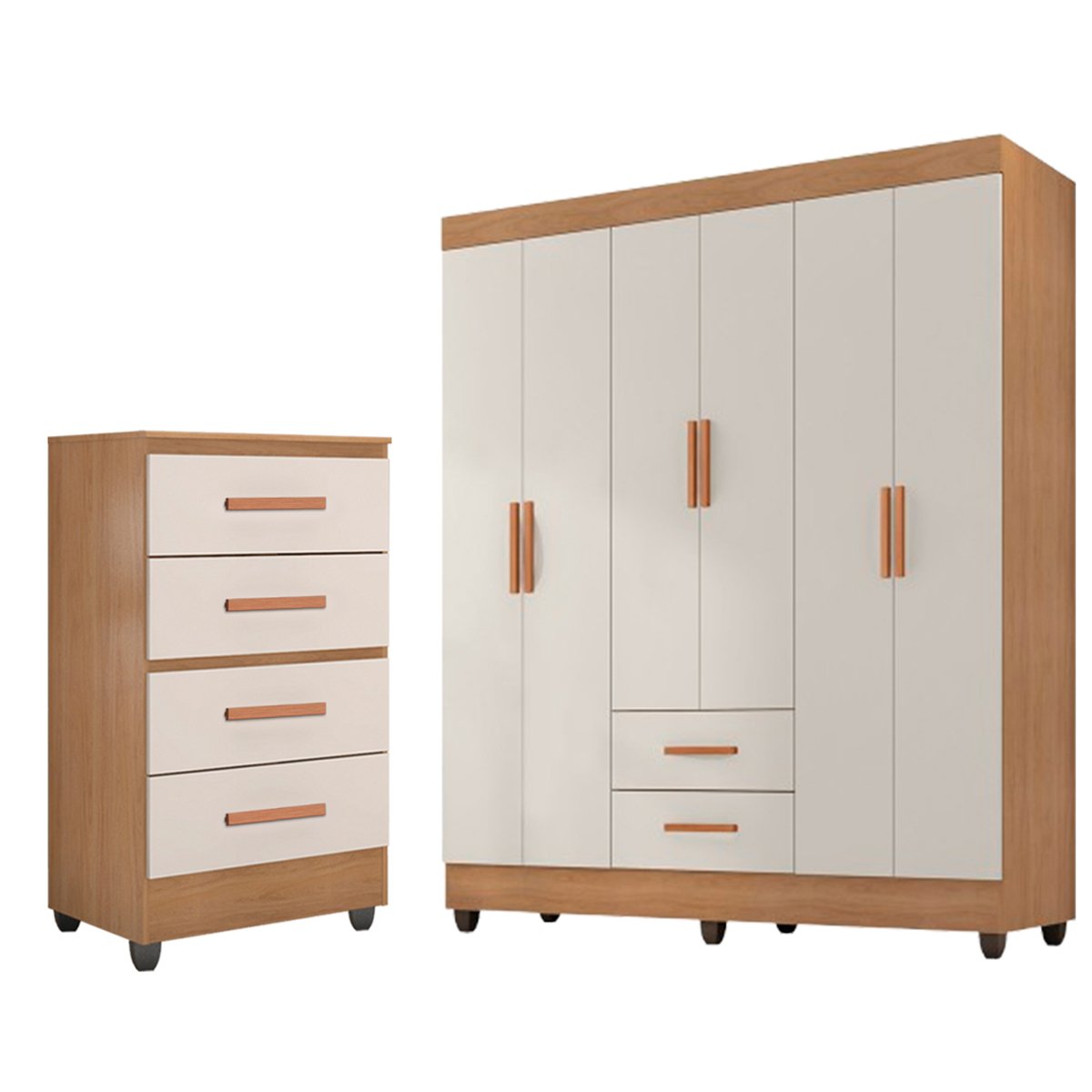 03 kit guarda roupa casal 6 portas com comoda 4 gavetas lisa