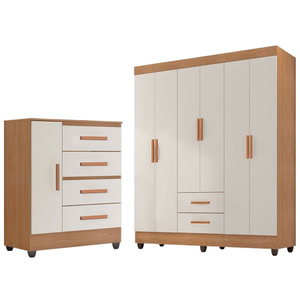 Kit Guarda-Roupa Casal 6 Portas e Cômoda Sapateira 1 Porta Lisa
