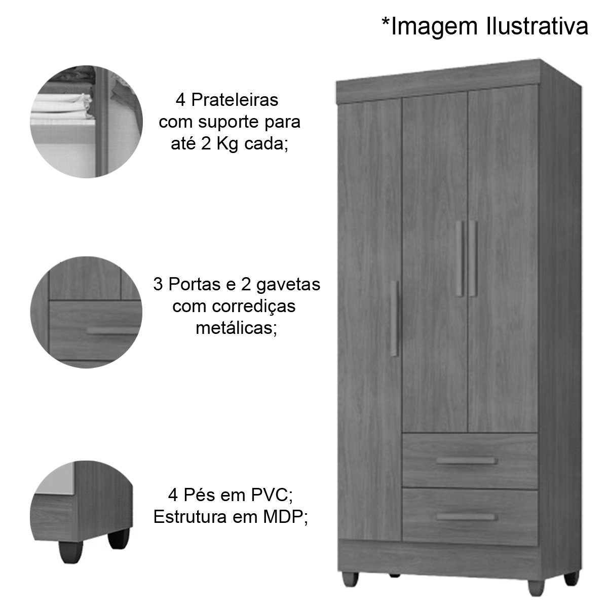 01 kit guarda roupa solteiro 3 portas 2 gavetas com comoda 4 gavetas lisa mdp