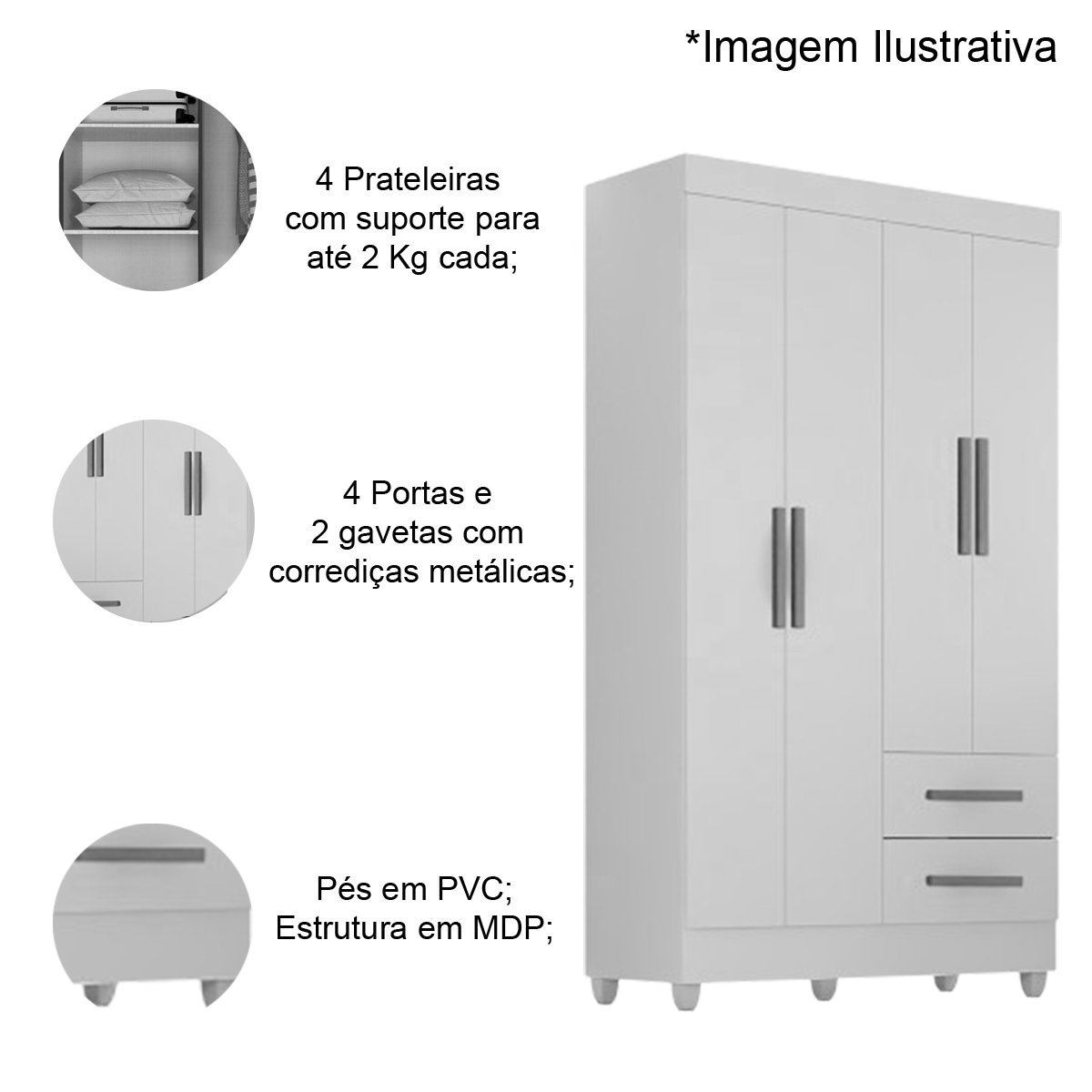 03 kit guarda roupa solteiro 4 portas com comoda sapateira lisa