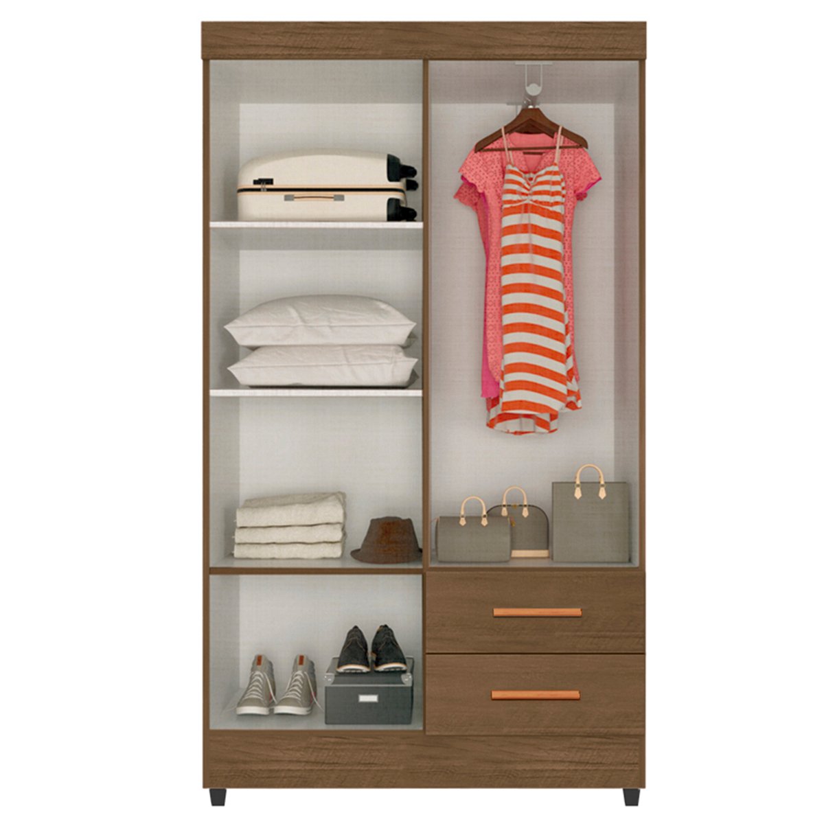 05 kit guarda roupa solteiro 4 portas com comoda sapateira lisa