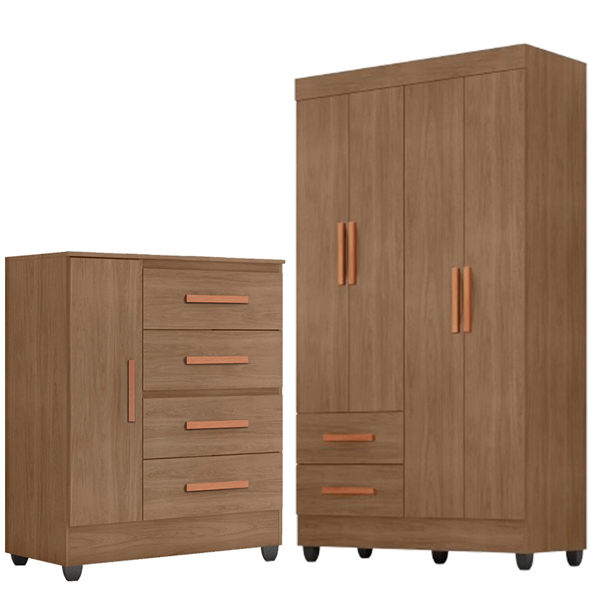 06 kit guarda roupa solteiro 4 portas com comoda sapateira lisa