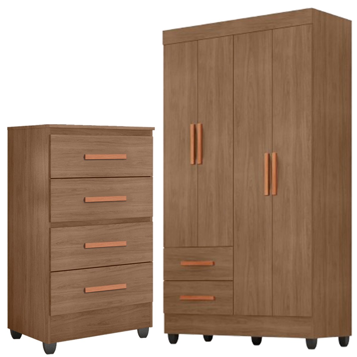 02 kit guarda roupa solteiro 4 portas e comoda 4 gavetas lisa