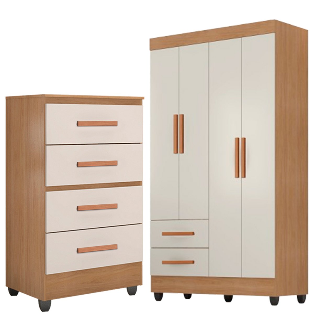 03 kit guarda roupa solteiro 4 portas e comoda 4 gavetas lisa