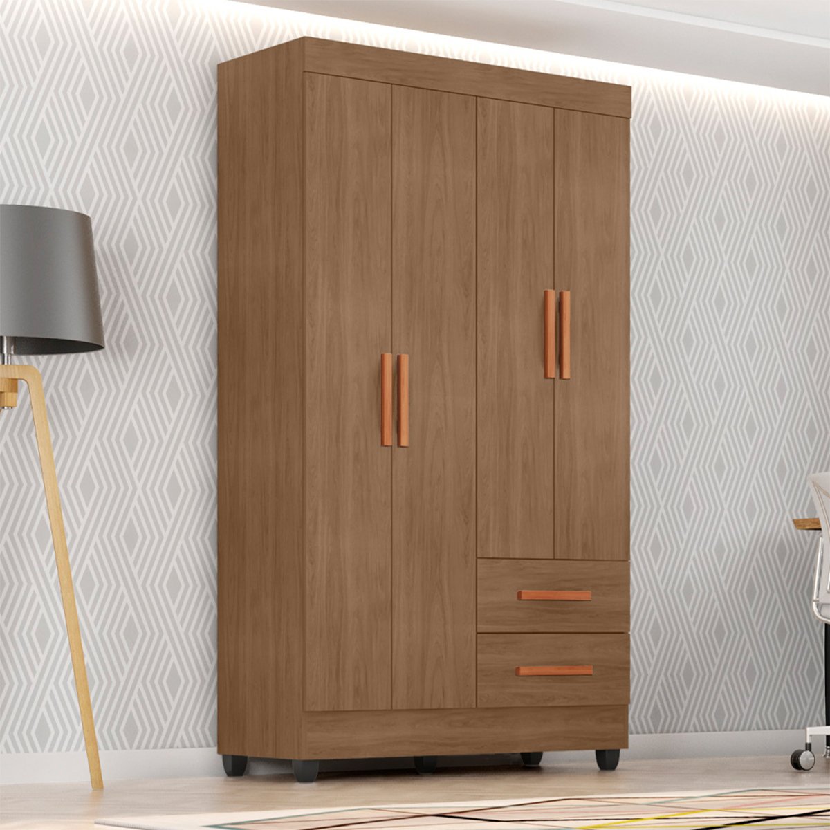 02 guarda roupa solteiro grande 4 portas 2 gavetas e 4 prateleiras lisa mdp