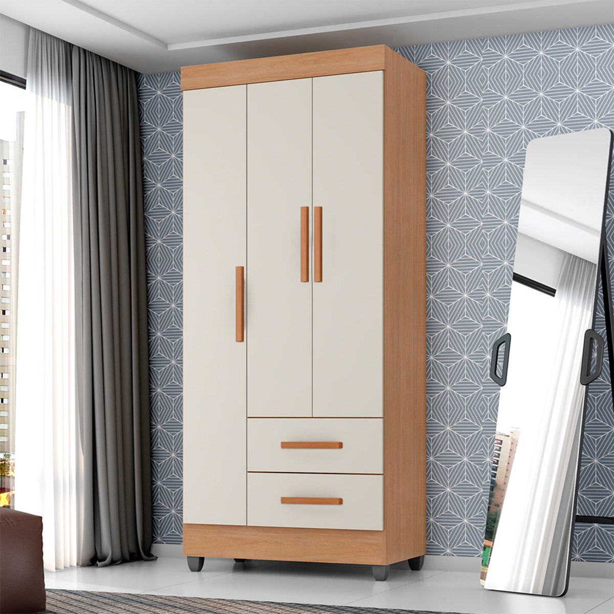 02 guarda roupa solteiro 3 portas 2 gavetas e 4 prateleiras lisa mdp