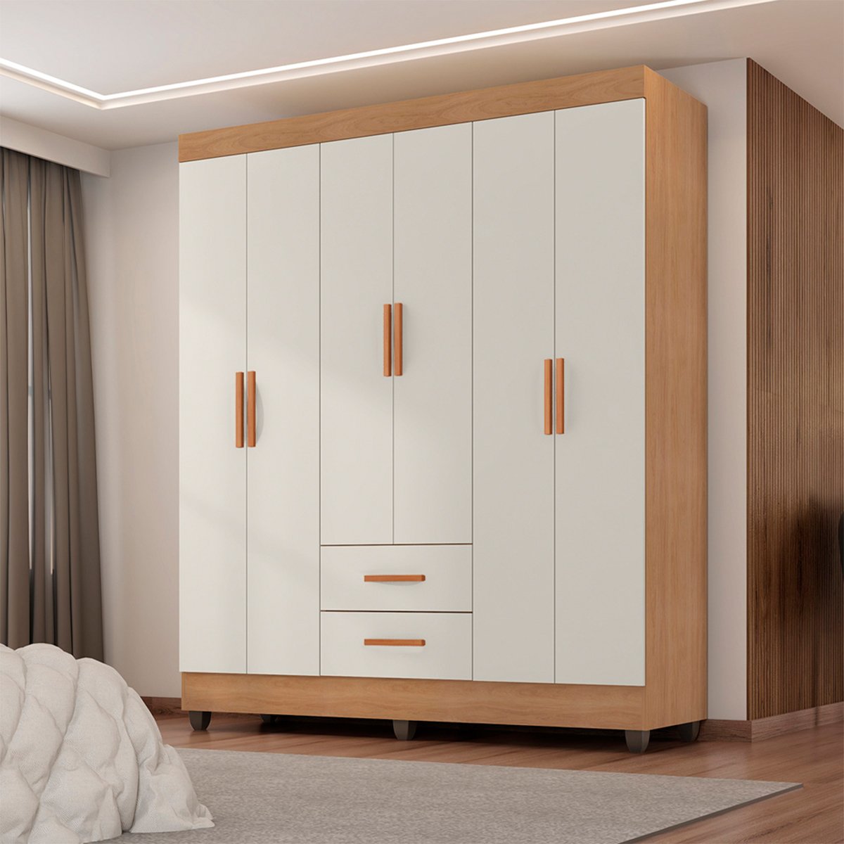 02 guarda roupa casal 6 portas 2 gavetas e 5 prateleira lisa mdp