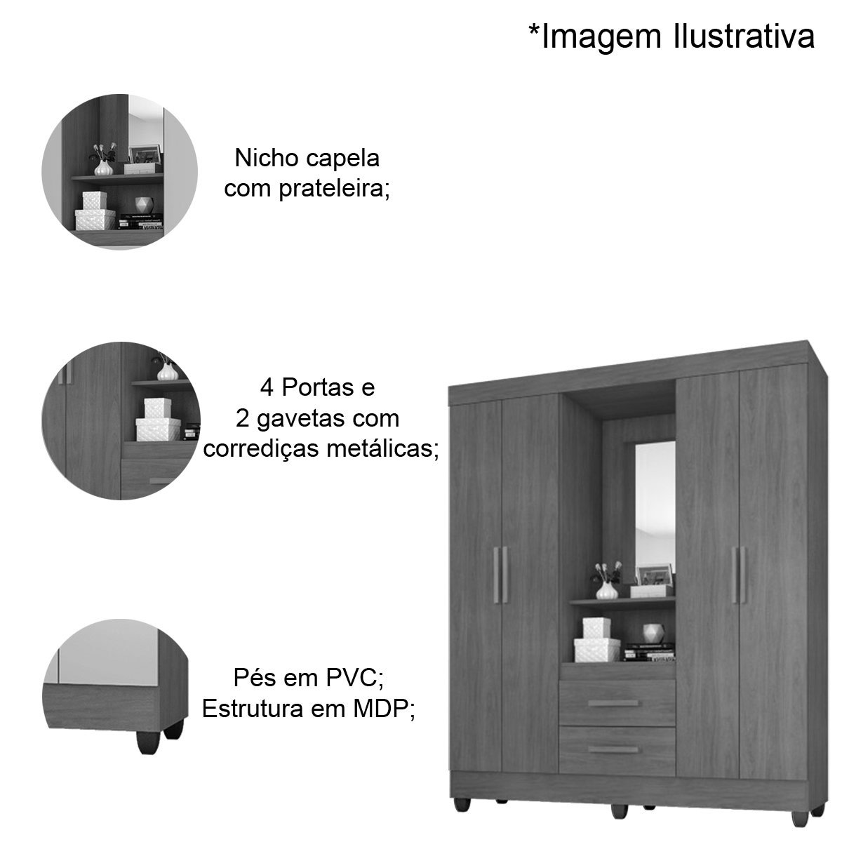 04 guarda roupa capelinha 4 portas 2 gavetas e 4 prateleiras lisa mdp