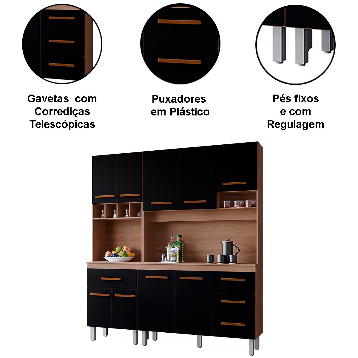 03 kit de cozinha 9 portas 4 gavetas com nicho vitorina