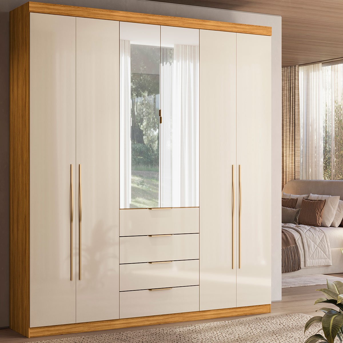 04 guarda roupa casal 6 portas 4 gavetas com espelho giane