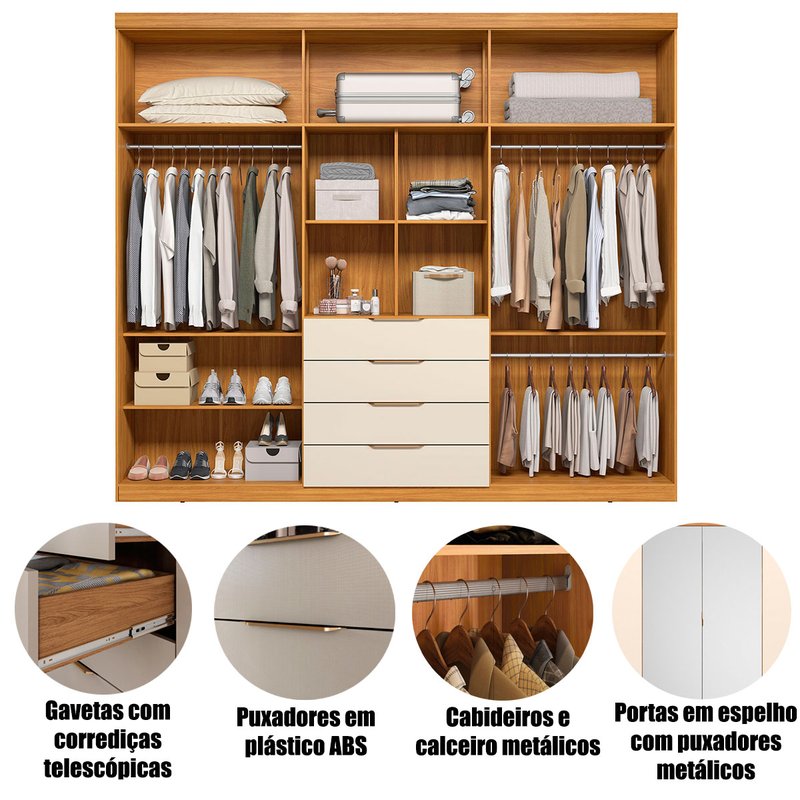 Guarda-Roupa Casal 6 Portas 4 Gavetas com Espelho Giane - Amêndola