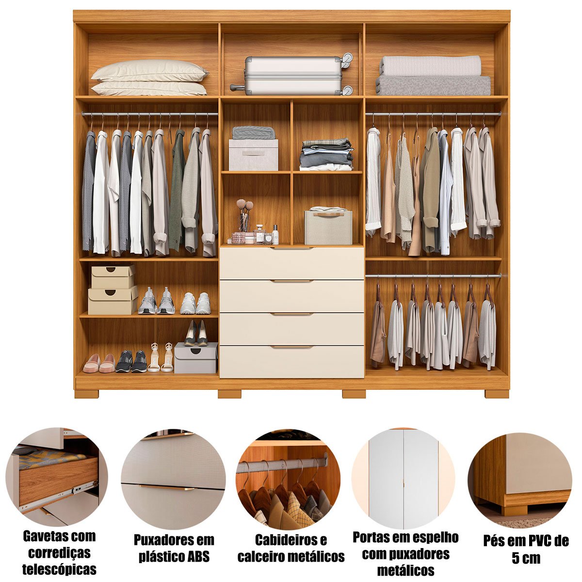 04 guarda roupa casal 6 portas 4 gavetas com espelho e pes giane
