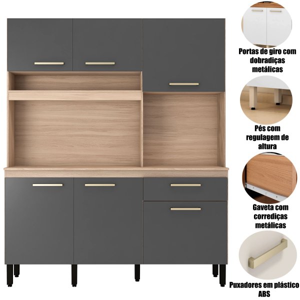 Kit Cozinha Compacta 6 Portas 1 Gaveta Alano - Avena/Grafito