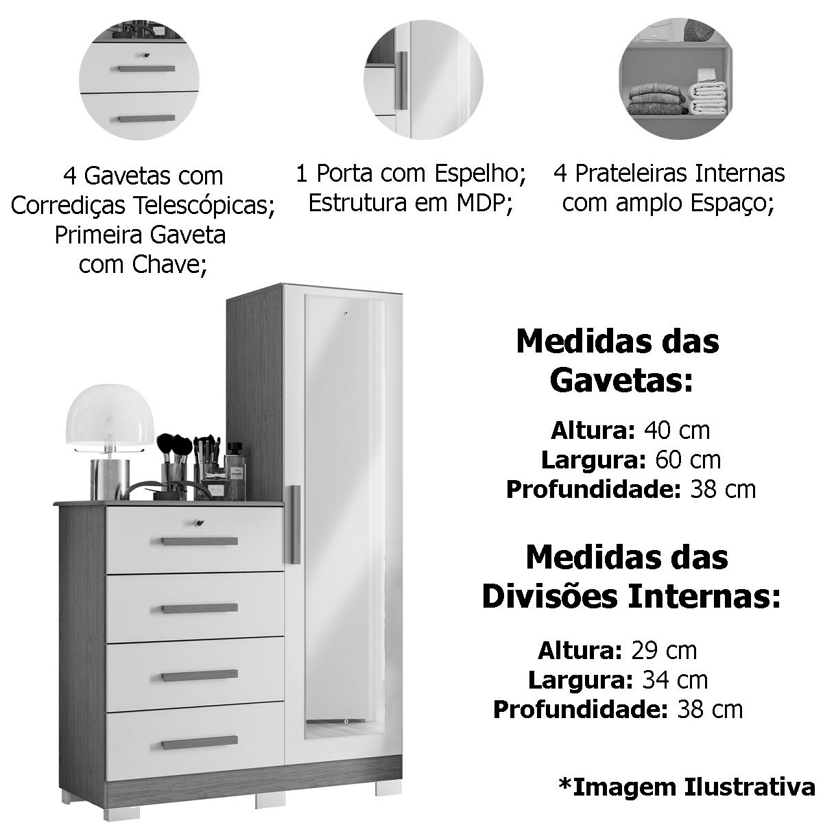 05 comoda guarda roupa caribe 4 gavetas 1 porta com espelho