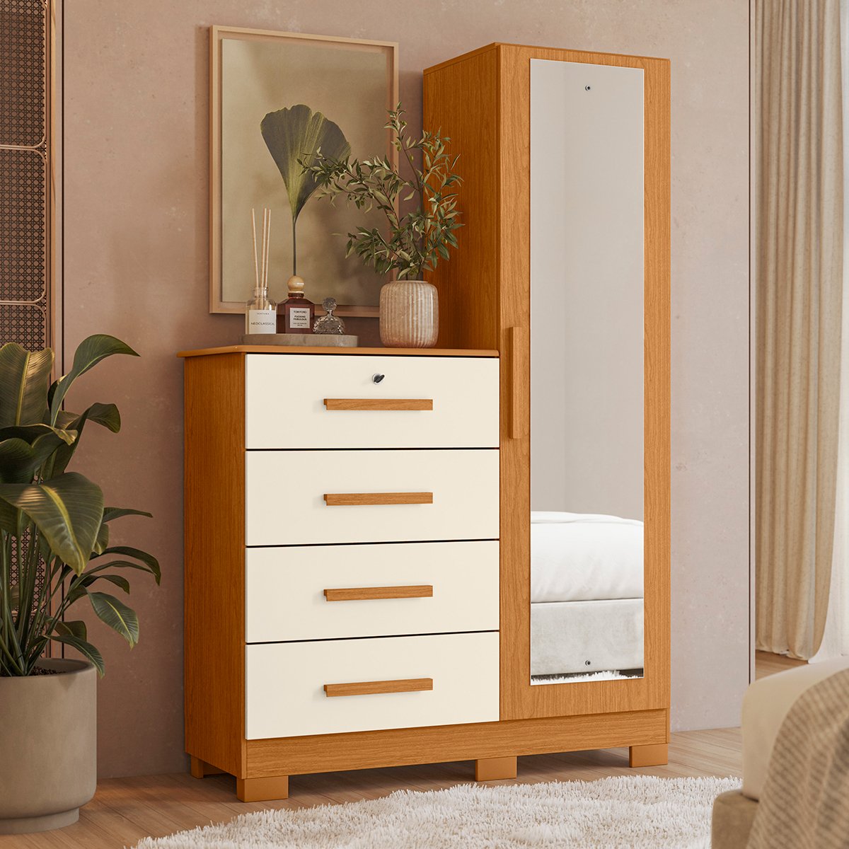 07 comoda guarda roupa caribe 4 gavetas 1 porta com espelho