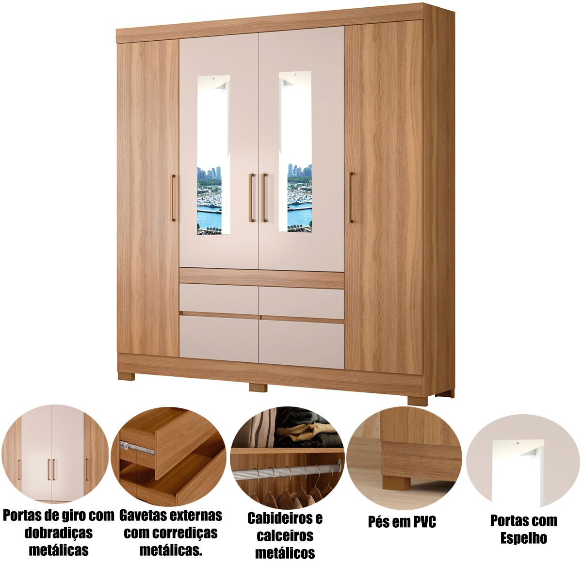 01 guarda roupa casal 4 portas 4 gavetas c espelho pipa amedola off white