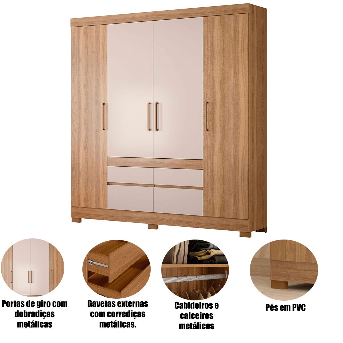 02 guarda roupa casal 4 portas 4 gavetas c espelho pipa amedola off white