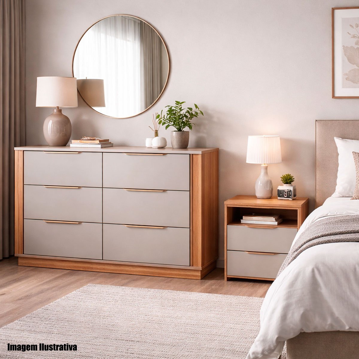 01 kit comoda 6 gavetas e mesa de cabeceira 2 gavetas giane