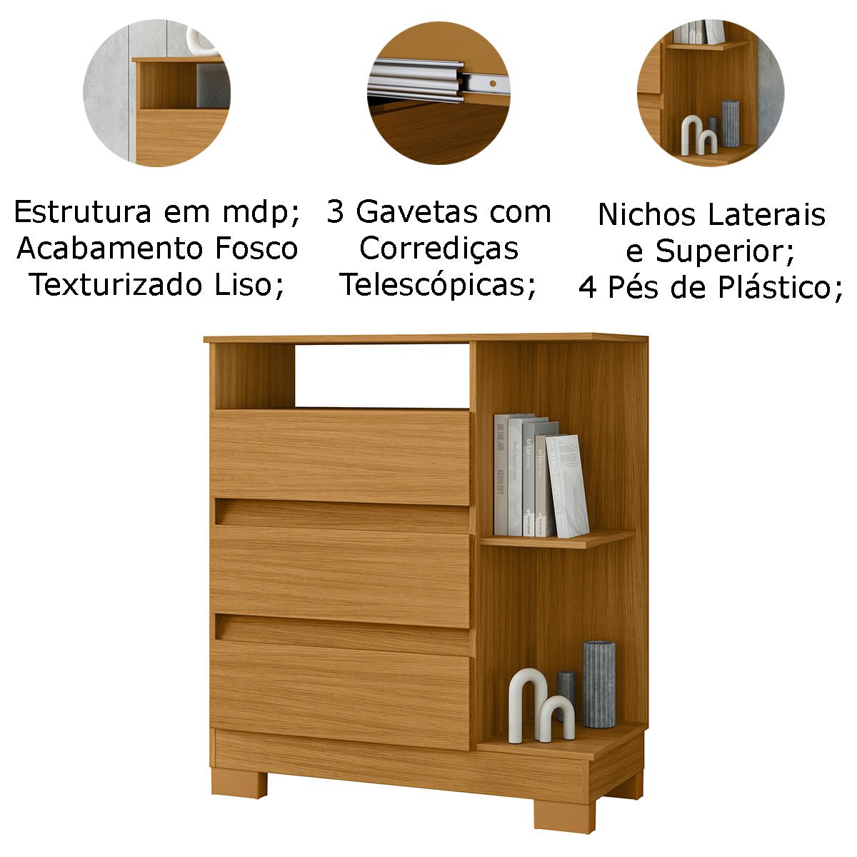 comoda 3 portas carvalho detalhes
