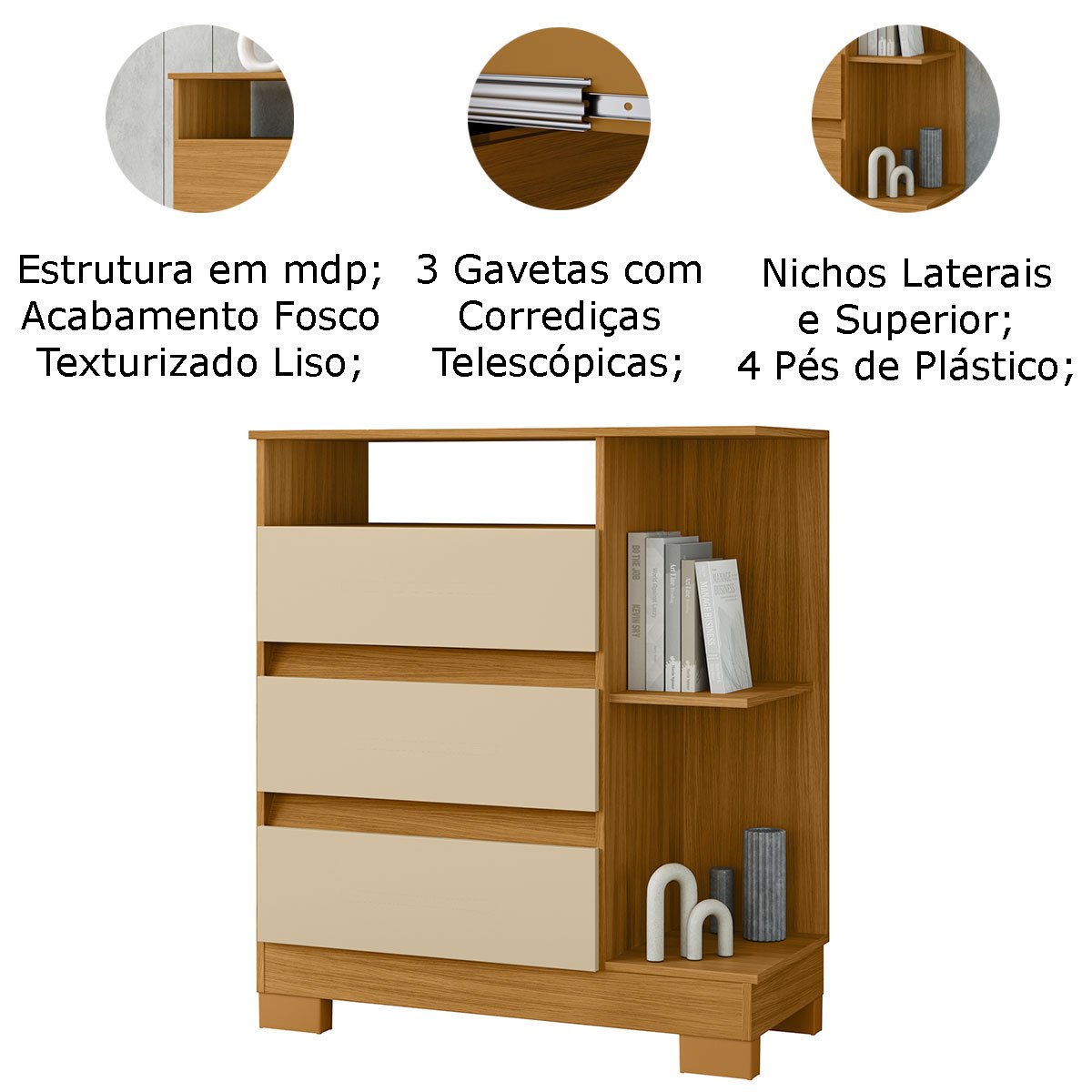 comoda 3 portas carvalho off detalhes