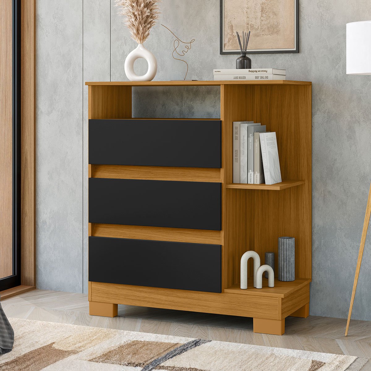 comoda 3 portas carvalho preto ambiente