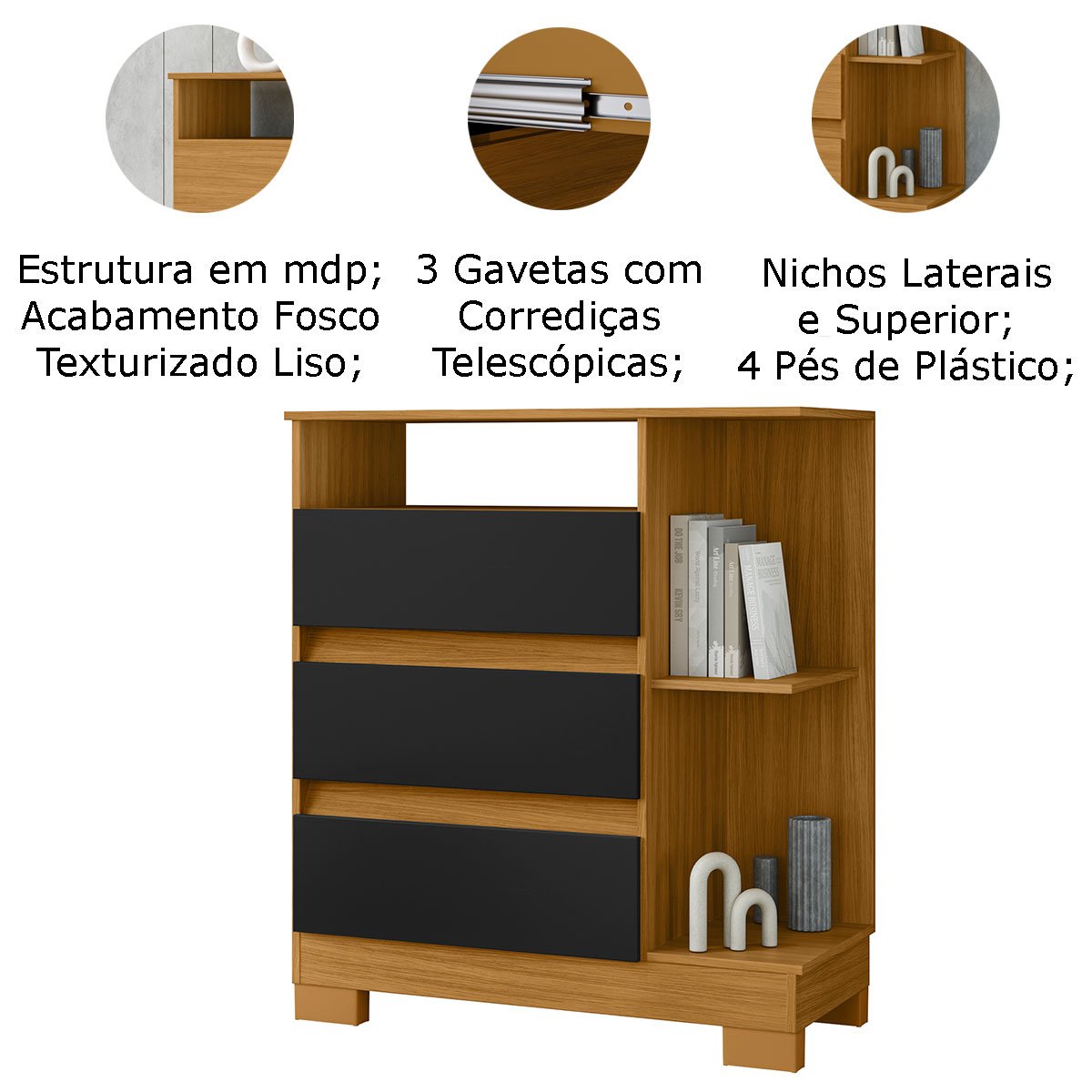comoda 3 portas carvalho preto detalhes